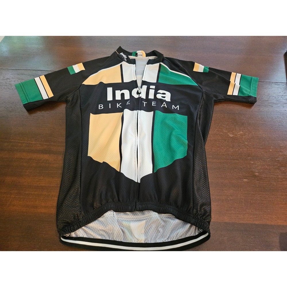 India Bike Team Cycling Jersey Mens Large Black Green Saffron Full Zip Mesh Top